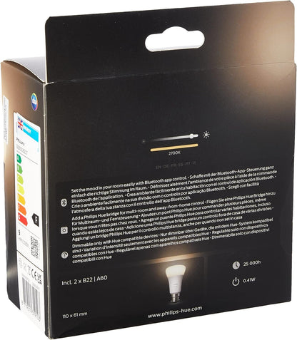Philips Hue White Smart Bulb Twin Pack LED [B22 Bayonet Cap] - 800 Lumens (60W Equivalent). Compatible with Alexa, Google Assistant and Apple Homekit