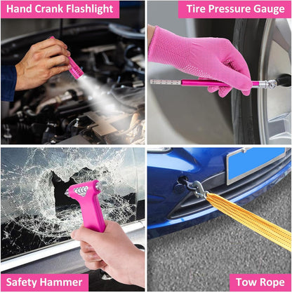HLWDFLZ Car Roadside Emergency Kit - Pink Roadside Assistance Emergency Kit with Jumper Cables, Auto Tool Set, Deer Whistles, Winter Car Safety Roadside Assist Kit for Teen Girl and Ladies