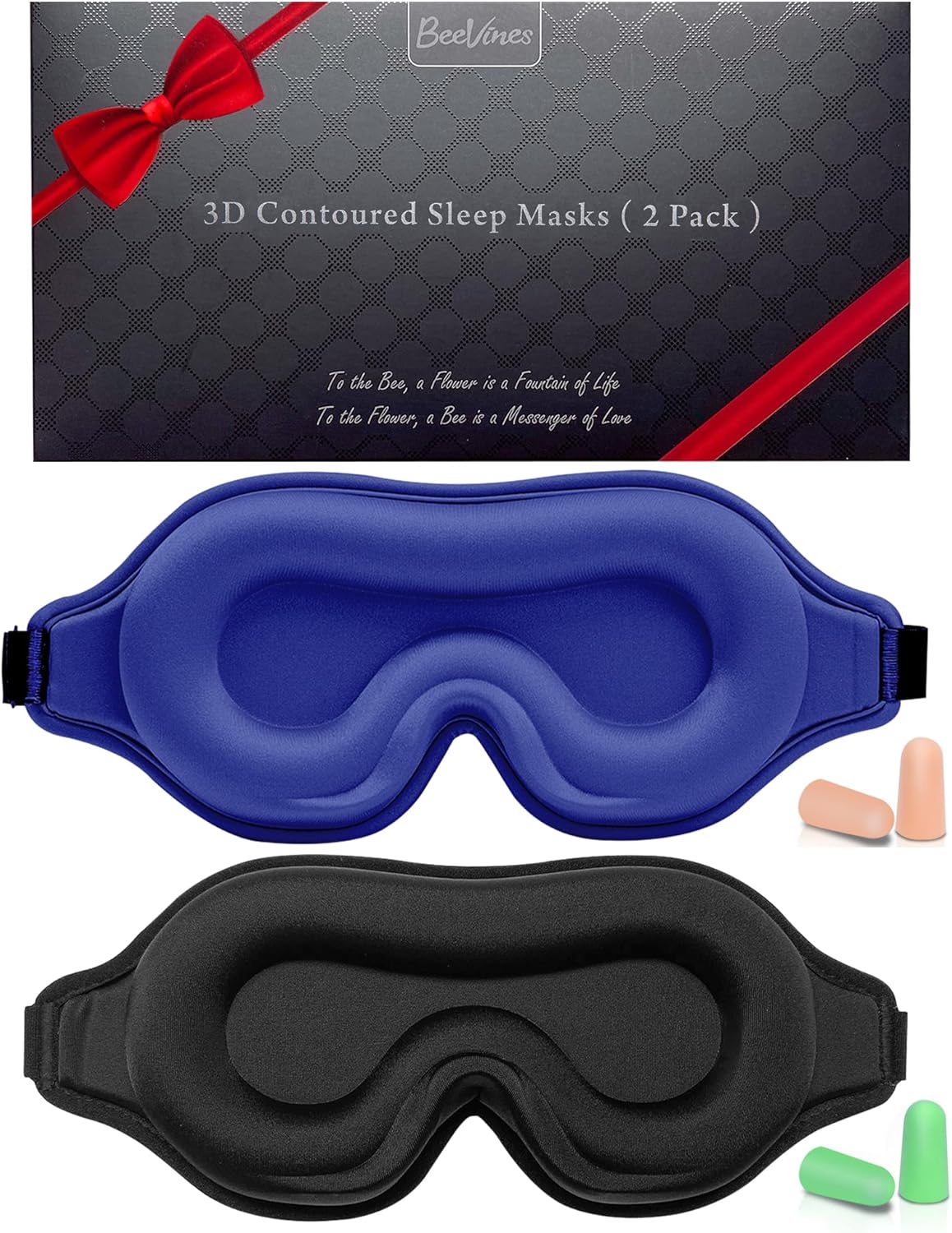 Sleep Mask for Men & Women, 2 Pack 3D Contoured Eye Mask for Sleeping with Adjustable Strap, BeeVines Molded Night Sleep Mask Blindfold, Soft Breathable Shade Cover for Travel Yoga Nap（Black & Blue）