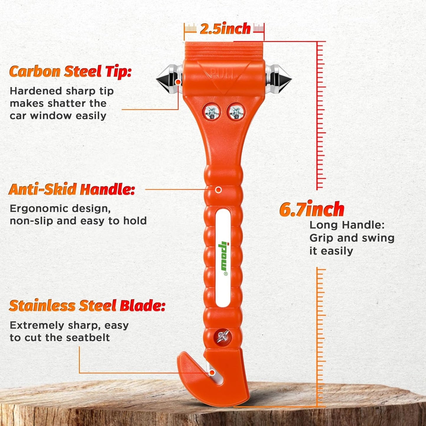 2 PCS High Carbon Steel Hard IPOW Car Safety Hammer Escape Tool with Antiskid Seatbelt Cutter, Life-Saving Emergency Glass/Window Punch Breaker Auto Rescue Disaster Hammer