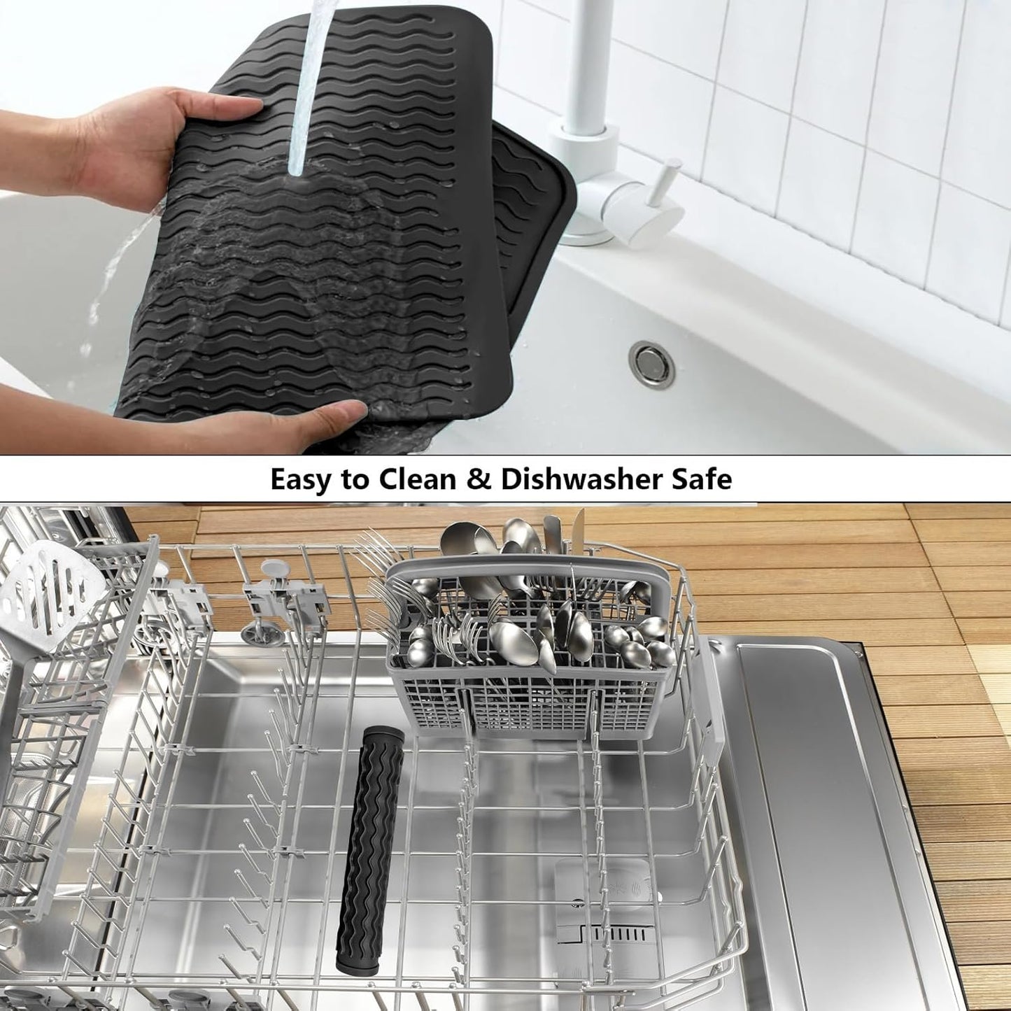 ZLR Silicone Dish Drying Mat for Kitchen Counter, Eco-Friendly Quick Dry Dish Mat, Easy Clean Multi Usage Drying Matt, Heat Resistant Trivet (2 x Black, L (12" x 16"))