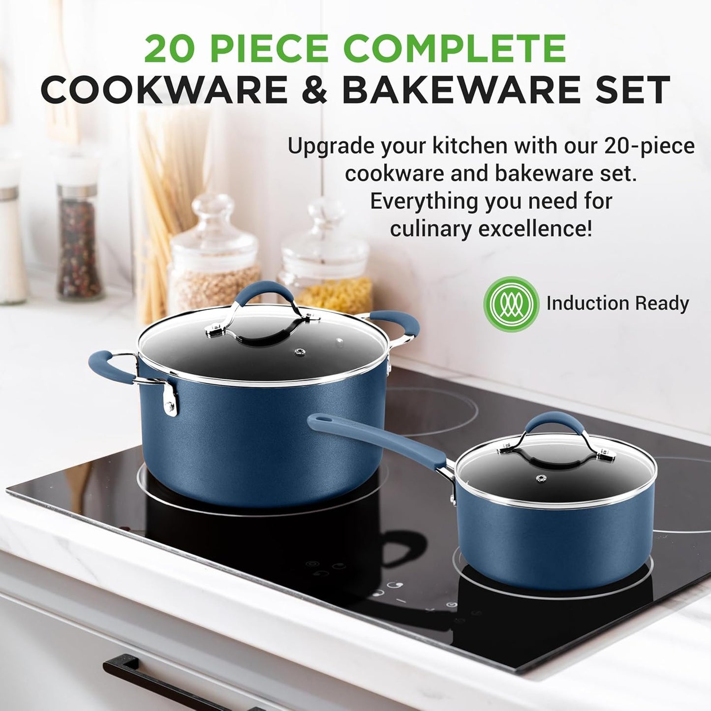 NutriChef 20-Piece Nonstick Cookware & Bakeware Set, PTFE/PFOA/PFOS-Free, Heat-Resistant Silicone Handles, Includes Saucepan, Frying Pans, Oven Pot, Lids & Utensils, Blue