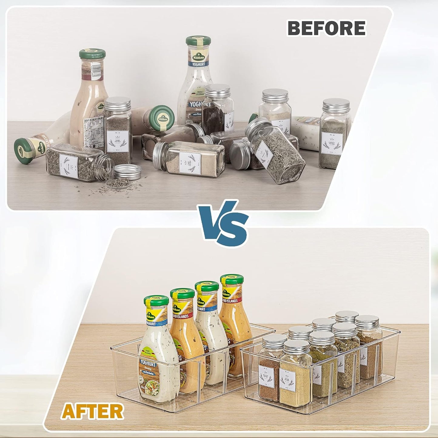 Vtopmart 4 Pack Food Storage Organizer Bins, Clear Plastic Bins for Pantry, Kitchen, Fridge, Cabinet Organization and Storage, 4 Compartment Holder for Packets, Tea, Snacks, Pouches, Spice Packets