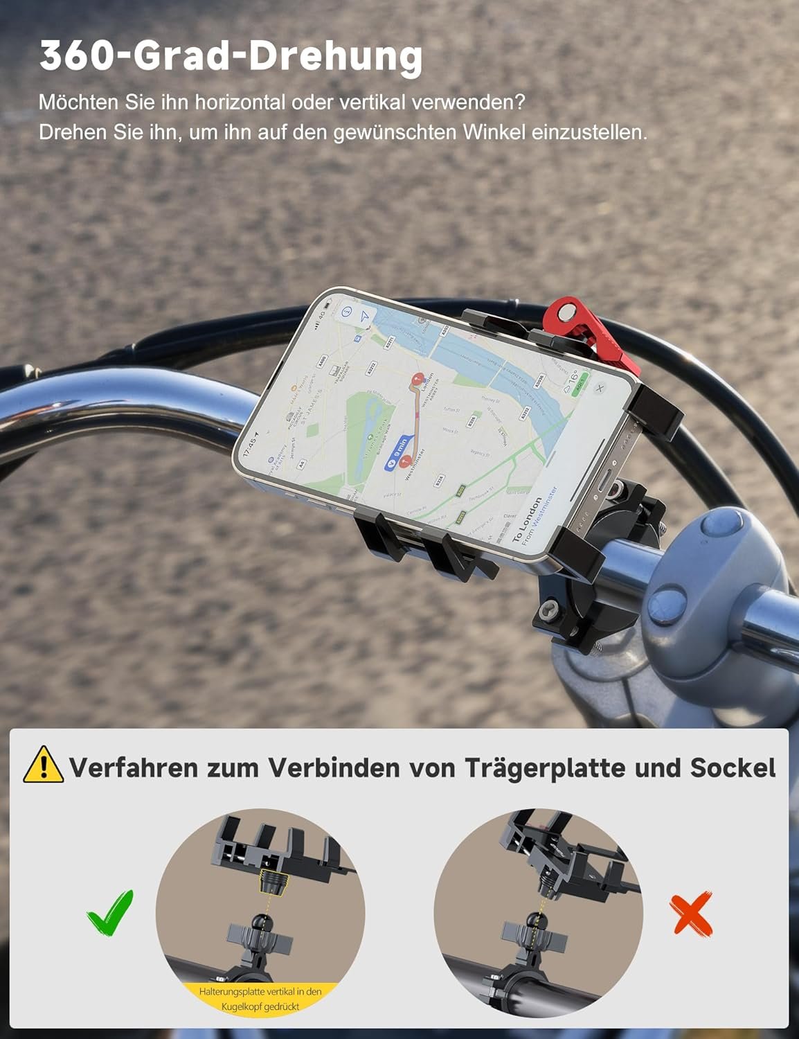 Tiakia Bicycle Cell Phone Mount, Aluminum Motorcycle Phone Holder, 6 Claws 360 Degree Rotation Universal Bike Mount without Tools for 4.5-7 Inch Phones (Black, Red)