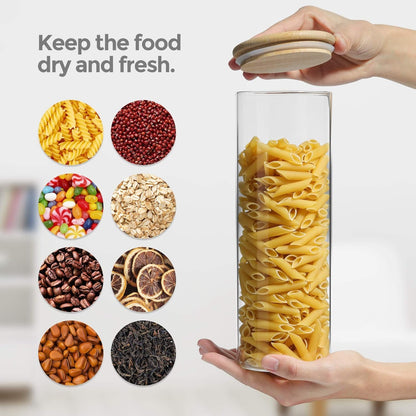 ComSaf 70oz Glass Spaghetti Pasta Storage Container with Bamboo Lids 2050ml Set of 3, Round Tall Clear Airtight Food Storage Jar, Kitchen Pantry Storage Container for Noodles Cereal Coffee Beans