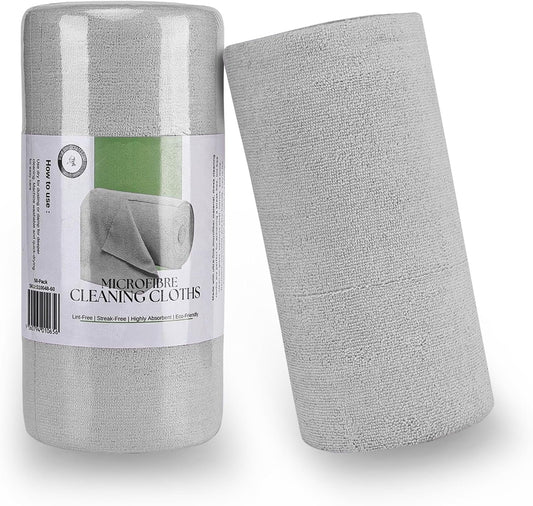 Socrates Microfiber Cleaning Cloth Roll â€“ 50 Tear-Away, Ultra-Absorbent, Reusable, Washable, Quick-Dry Towels in Grey.