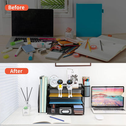 Desk Organizer with File Holder, 4-Tier Letter Paper Tray Organizer with Drawer & 2 Pen Holders, Desk Organizers and Accessories, Mesh Desktop File Organizer and Storage for Office Supplies