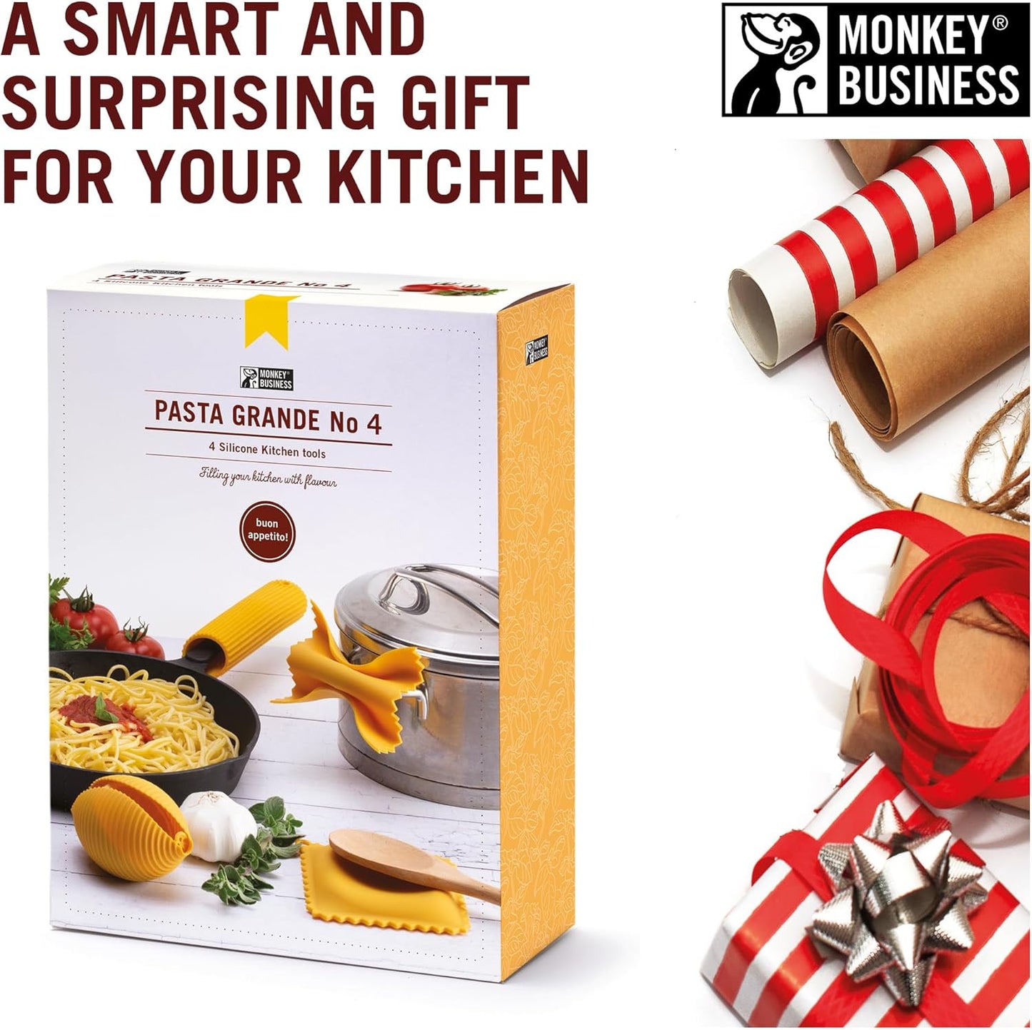 Monkey Business Silicone Kitchen Tools in Gift Box/ 4 Big Pasta Shaped Kitchen Gadgets/Farfalloni Pot Grips, Ravioli Spoon Rest, Conchiglie Lemon Squeezer and Penne Pan Grip/Pasta Grande No. 4