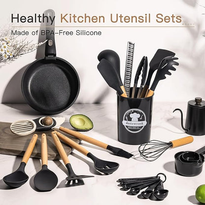Astercook Kitchen Utensils set, 39 PCS Silicone Cooking Utensils Set with Wooden Handle, 446°F Heat Resistant Food Grade Utensil Sets, BPA Free Kitchen Gadgets Tools Set for Nonstick Cookware (Black)
