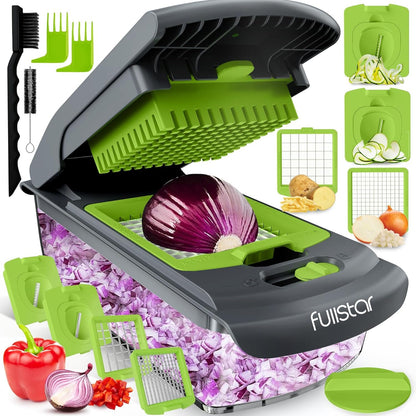 fullstar Vegetable Chopper Cutter - Spiralizer Slicer Dicer Onion Food Veggie Potato Fry Kitchen Gadgets Tools Slicer, Gray/Green, 7 in 1,(FSCH0116)