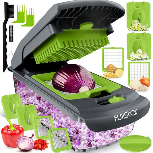 fullstar Vegetable Chopper Cutter - Spiralizer Slicer Dicer Onion Food Veggie Potato Fry Kitchen Gadgets Tools Slicer, Gray/Green, 7 in 1,(FSCH0116)