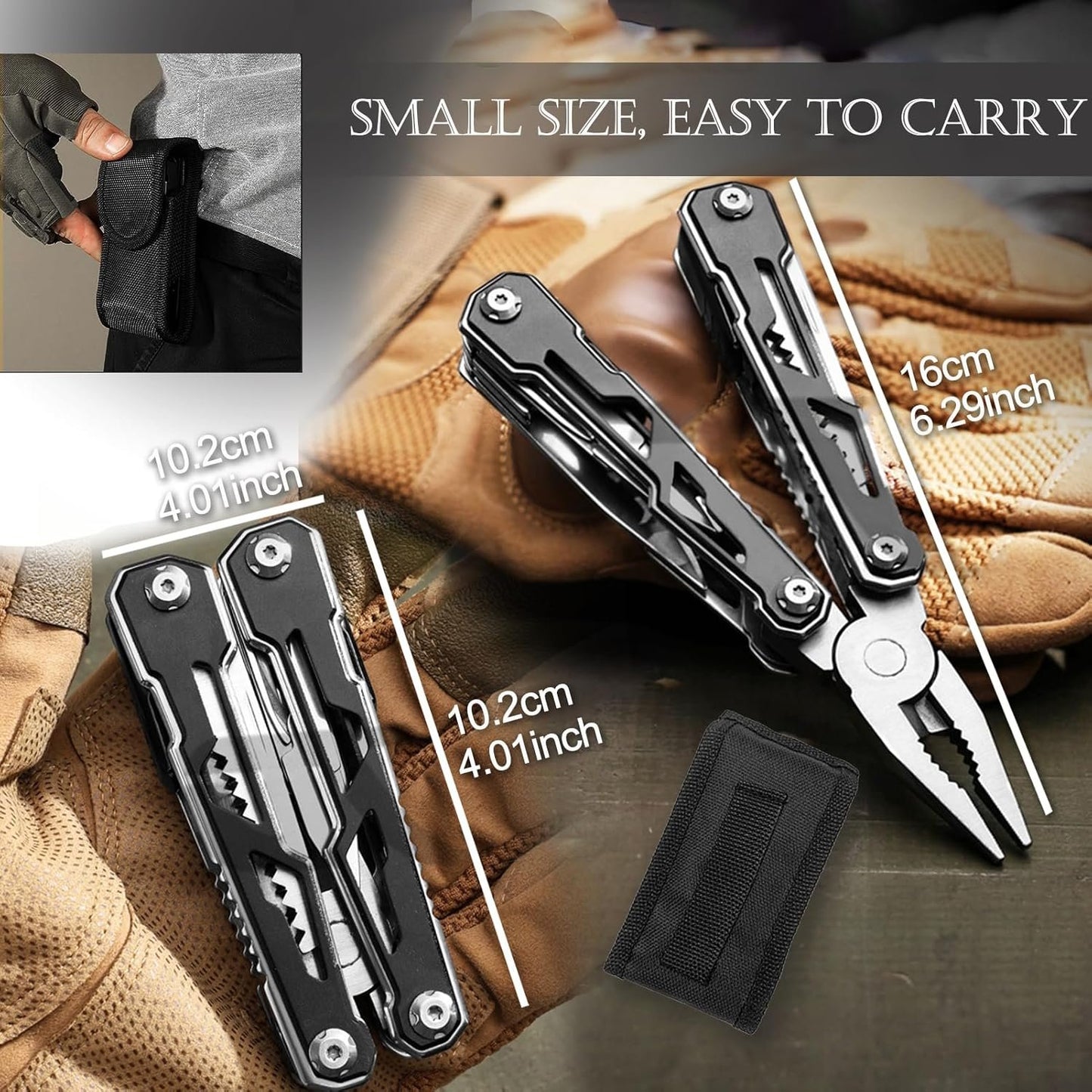16-in-1 Folding Stainless Steel Multi-Tool with Pliers, Scissors, Knife, 2 Safety Locks, Belt Clip, Pouch