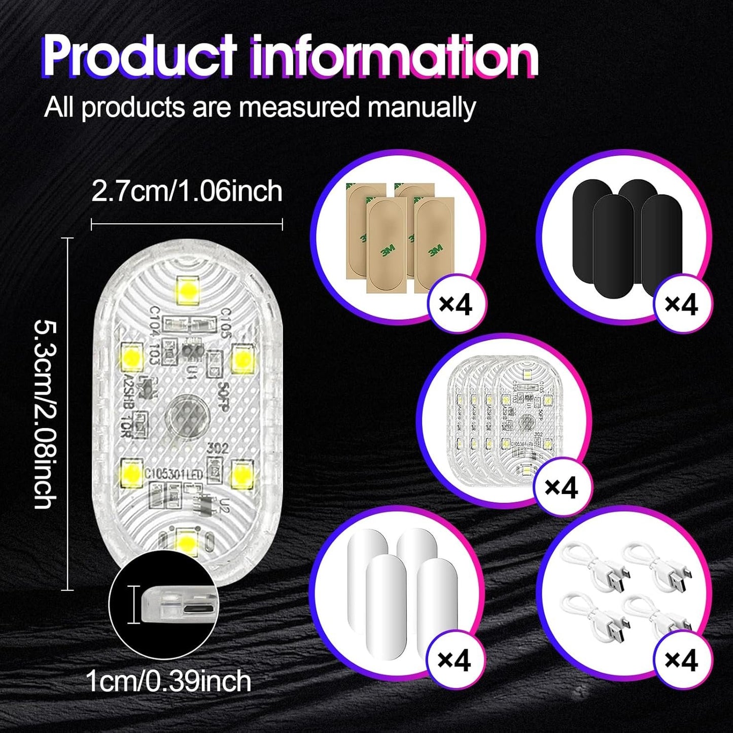 4 x LED Car Interior Wireless Interior Lights for RGB Interior with 6 LEDs, 7 Colours Adjustable USB Rechargeable Wireless Car Touch Accessories for Interior Ambient Lighting