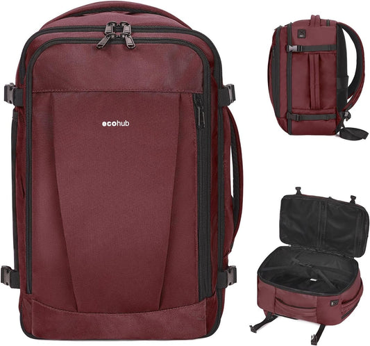 ECOHUB 16'' Travel Backpack Underseat Carry on Backpack Personal Item Travel Bag Airplane with 13 Pockets Carry on Luggage Water Bottle Holder USB Charging Port Casual Daypack for Women Men Red