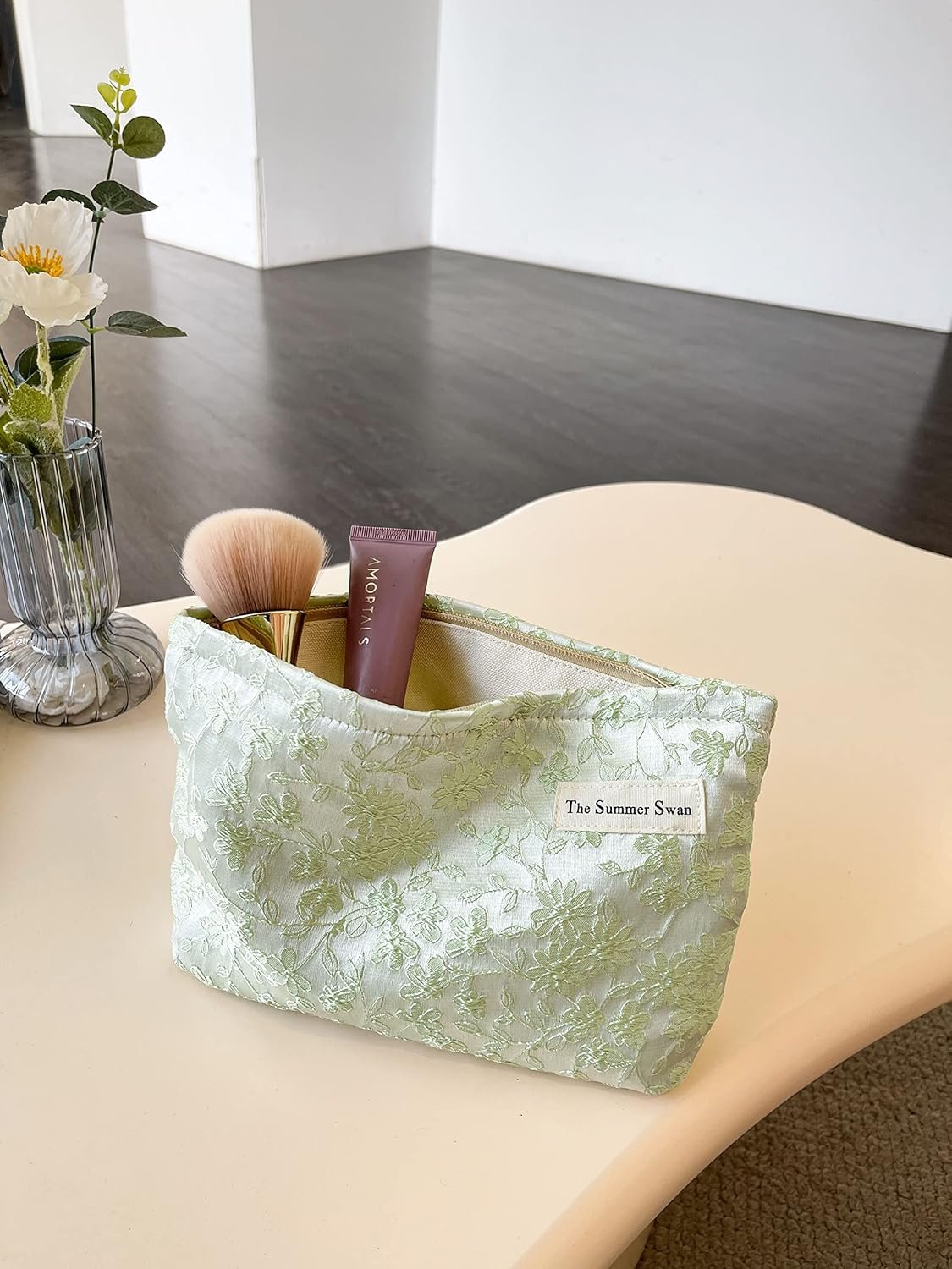 The Summer Swan | Large Aesthetic Floral Makeup Bag | Mid-day Clutch | Period Kit | Hygiene | Skincare | Embroidery Green Fabric Cosmetic Bag With Zipper