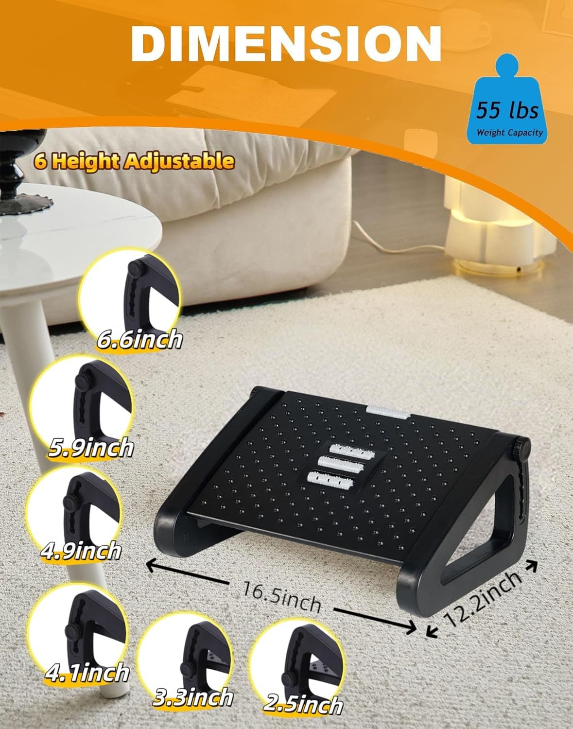 Ywbtflul Foot Rest for Under Desk at Work, Ergonomic 6 Heights Adjustable Footrest with Massage Roller, Portable Under Desk Foot Stool for Home,Office, Black
