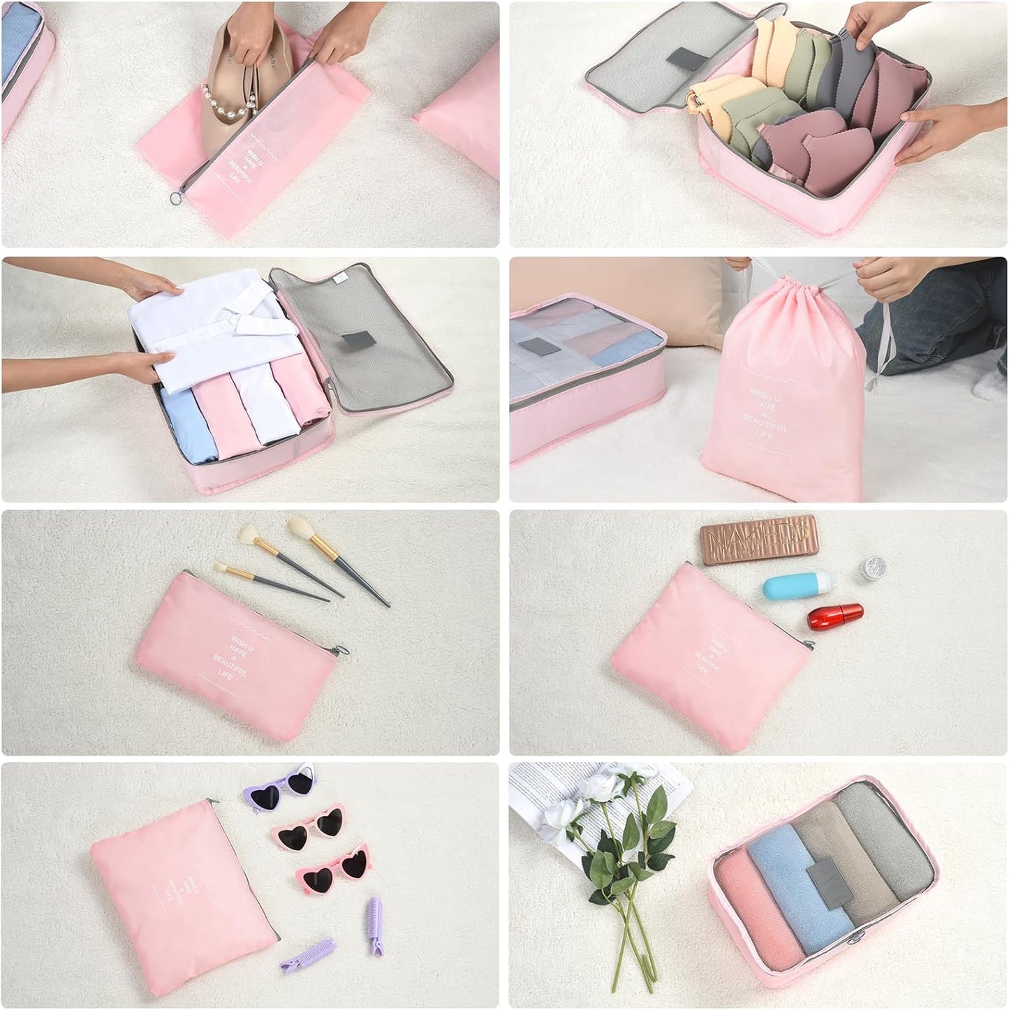 OTraki 8 Piece Suitcase Organizer, Space-Saving Travel Makeup Bag, Washable Travel Set (Pink)
