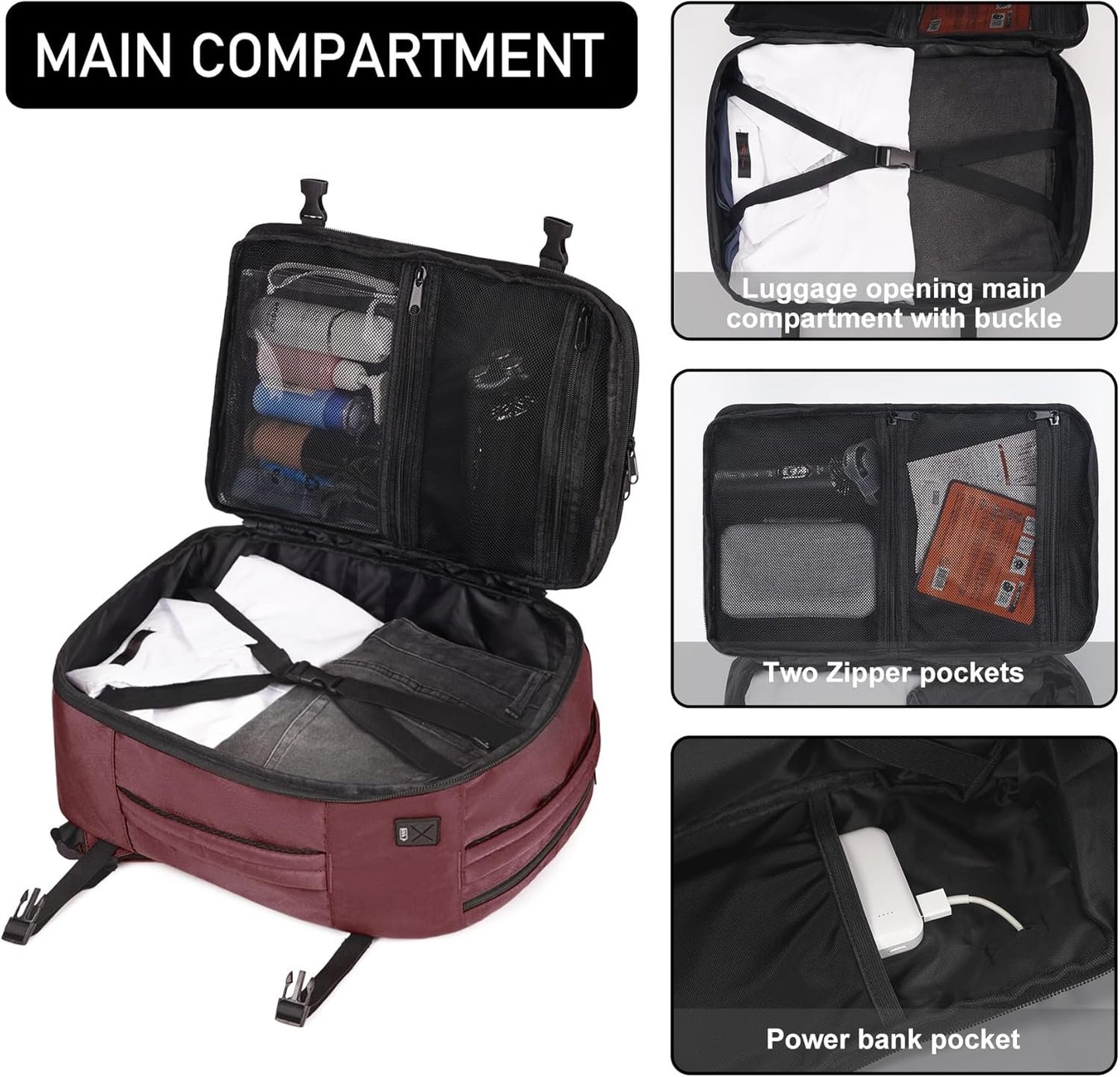 ECOHUB 16'' Travel Backpack Underseat Carry on Backpack Personal Item Travel Bag Airplane with 13 Pockets Carry on Luggage Water Bottle Holder USB Charging Port Casual Daypack for Women Men Red