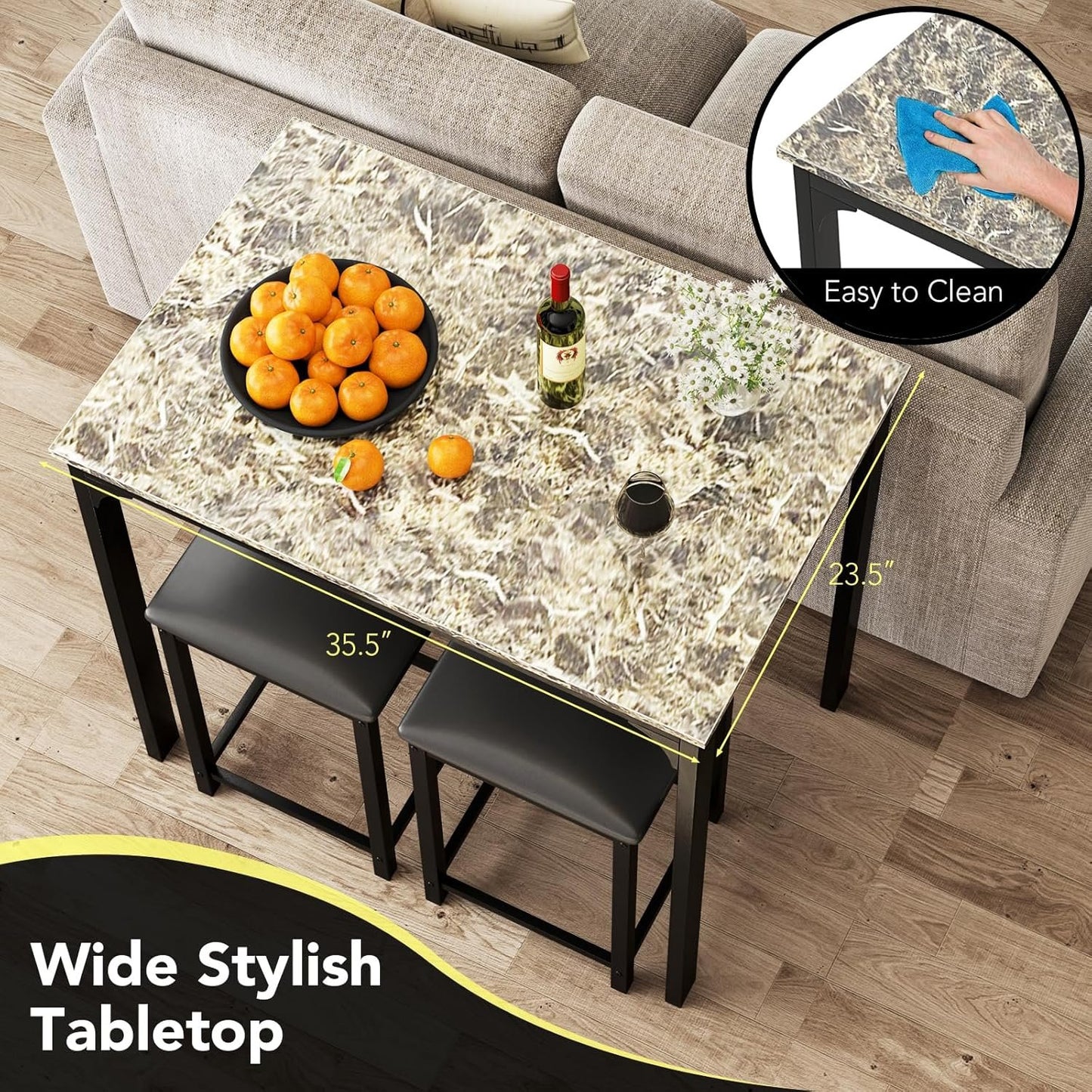 COSTWAY Small Dining Table for 2, Space Saving Dinette Set w/Counter Height Table & 2 Upholstered Bar Stools, Breakfast Nook Table Set, 3-Piece Kitchen Table Chairs Set for 2 for Dorm (Mixed Black)