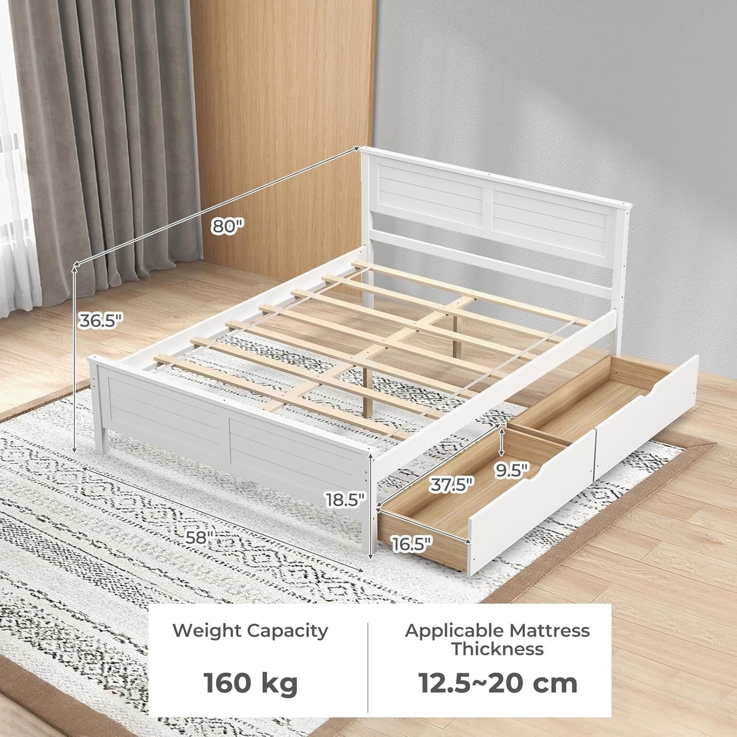 DORTALA Full Wood Bed Frame with 2 Drawers, Modern Platform Bed with Solid Wood Headboard & Footboard, Wooden Slats Support Mattress Foundation, No Box Spring Needed, Easy Assembly, White