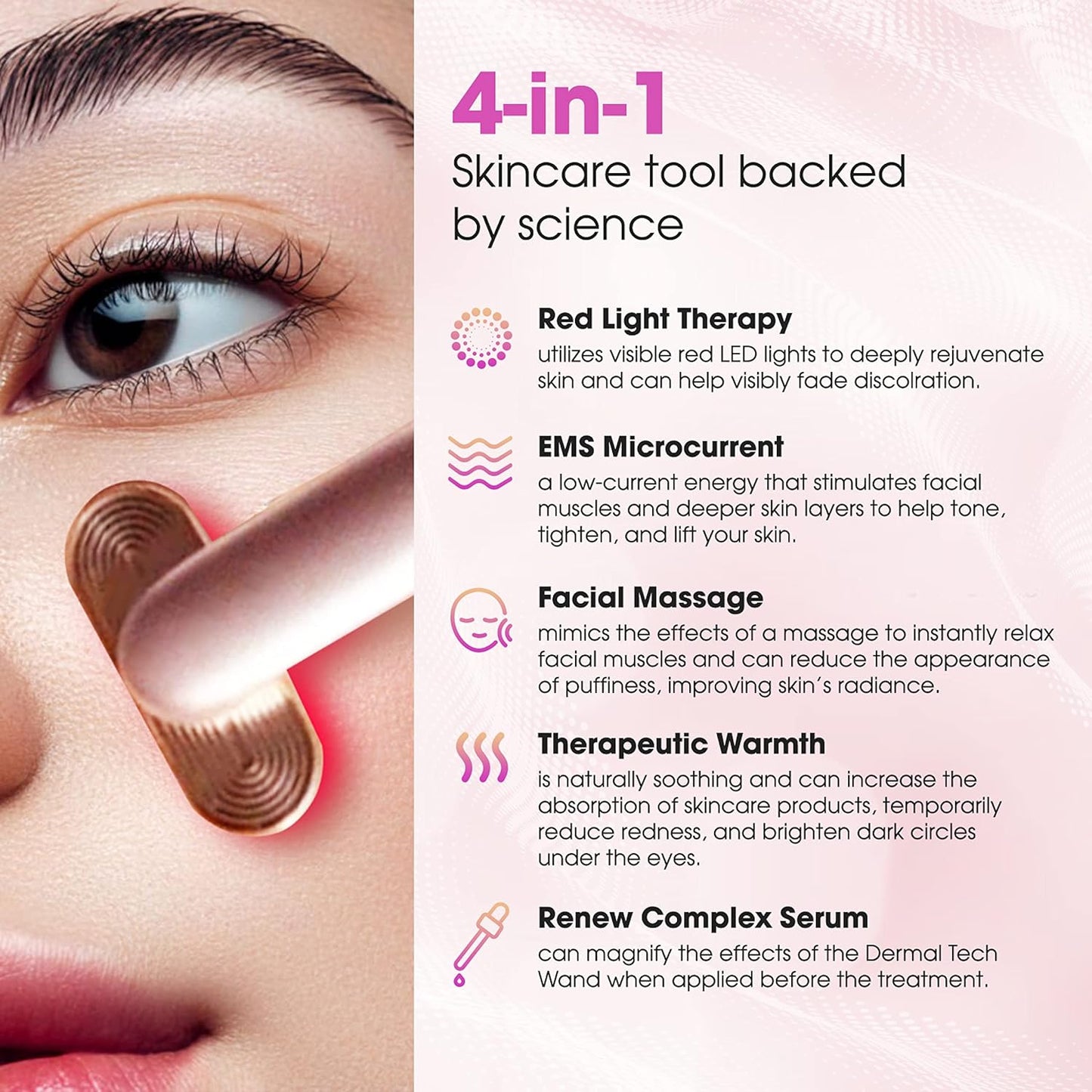 Dermal-Tech Advance 360 4-in-1 Facial Skincare Wand | Red Light Therapy for Face and Neck | Face Massager & Microcurrent Facial Device | Rose Gold