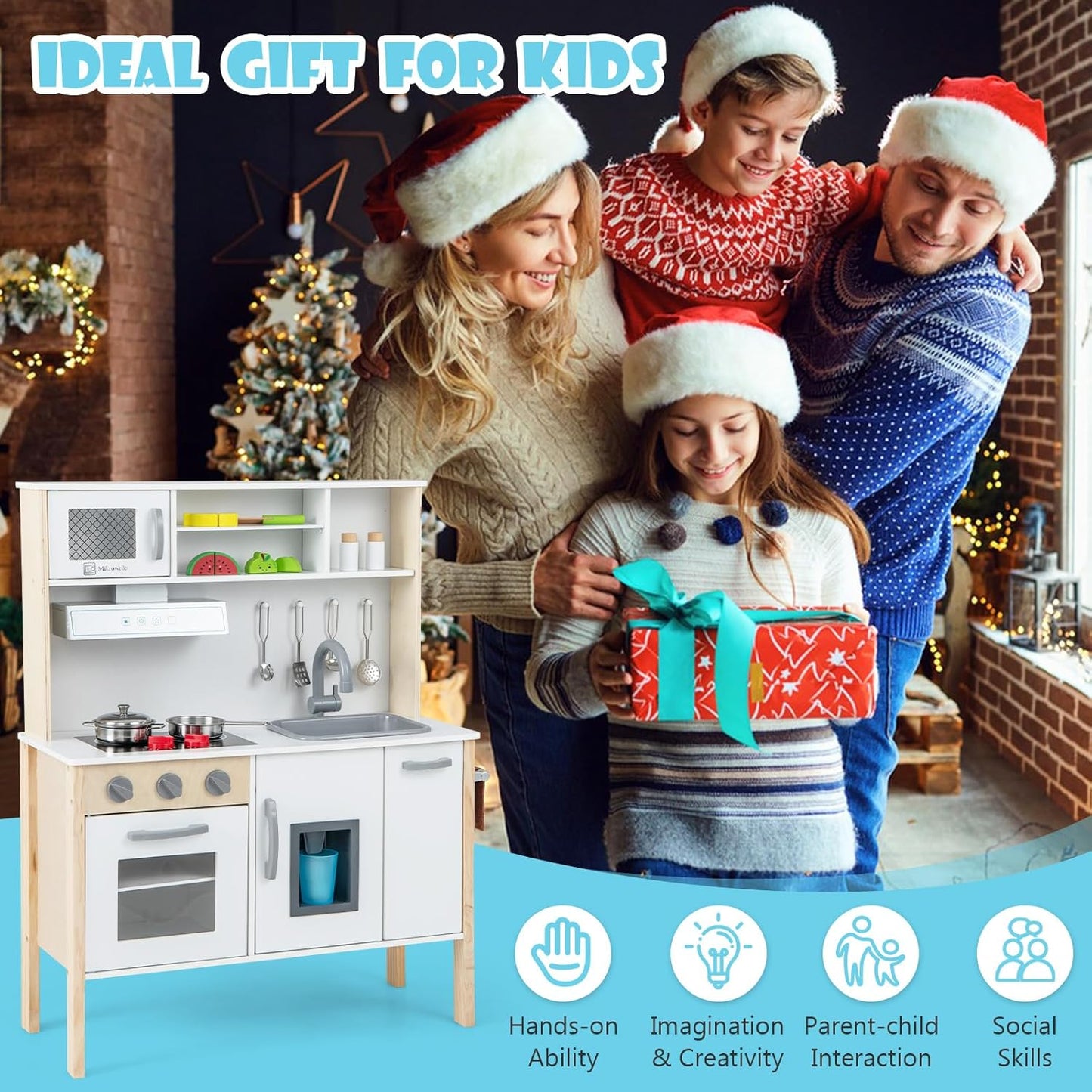 HONEY JOY Kids Kitchen Playset, Wooden Pretend Play Kitchen w/Microwave, Range Hood, Stoves, Play Sink, Oven, Ice Maker and 18 Accessories, Knobs with Sounds, Toy Kitchen with Towel Rack for Toddlers