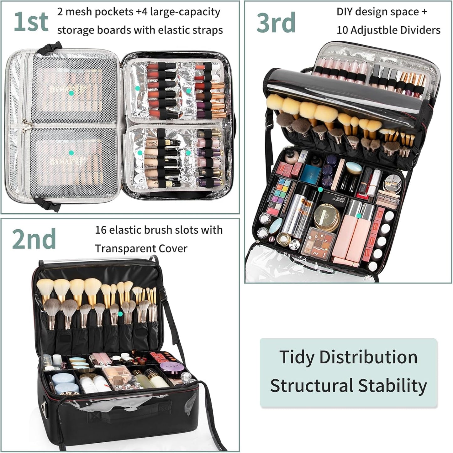 Makeup Train Case Organizer, OCHEAL Makeup Bag Travel Cosmetic Case Portable Artist Storage Bag with Washable Plastic Divider for Lipstick Storage Makeup Brushes Toiletry Accessories Black