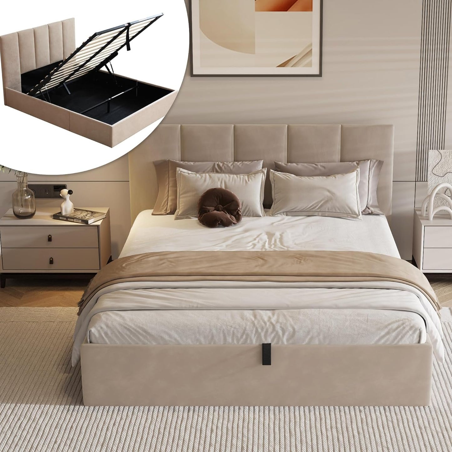 VELOCAVA King Size Lift-Up Storage Bed, Hydraulic Linen Upholstered Bed Frame with Vertical Panel Headboard, Wooden Slat Support, No Box Spring Needed, Easy Assembly, Soft Bed, Beige