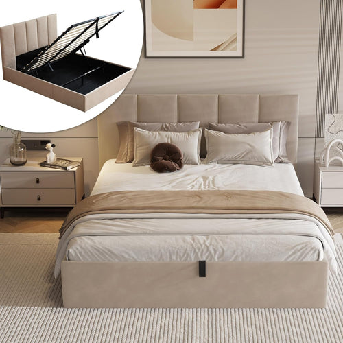 VELOCAVA King Size Lift-Up Storage Bed, Hydraulic Linen Upholstered Bed Frame with Vertical Panel Headboard, Wooden Slat Support, No Box Spring Needed, Easy Assembly, Soft Bed, Beige