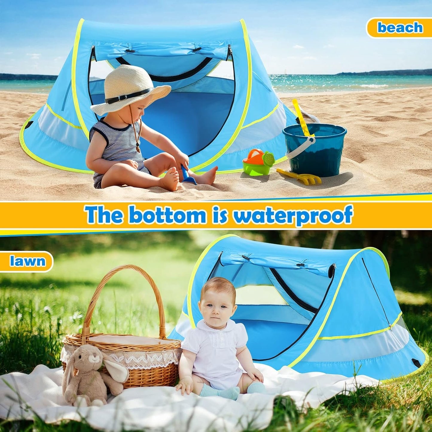 Wilhiker Baby Beach Tent Pop Up: Blue Pop Up Tent with Sun Hat - Kids Sun Tent Portable Uv Protection Tent Baby - Beach Tent for Outdoor Travel Folding Toddler Camping Accessories Sun Shade
