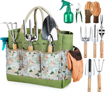 Grenebo Garden Tools 9-Piece Heavy Duty Gardening Tools with Pruning Shears & Large Garden Tote, Rust-Proof Tools Set for Gardening, Ideal Gardening Gifts for Women & Birthday Gifts for Mom
