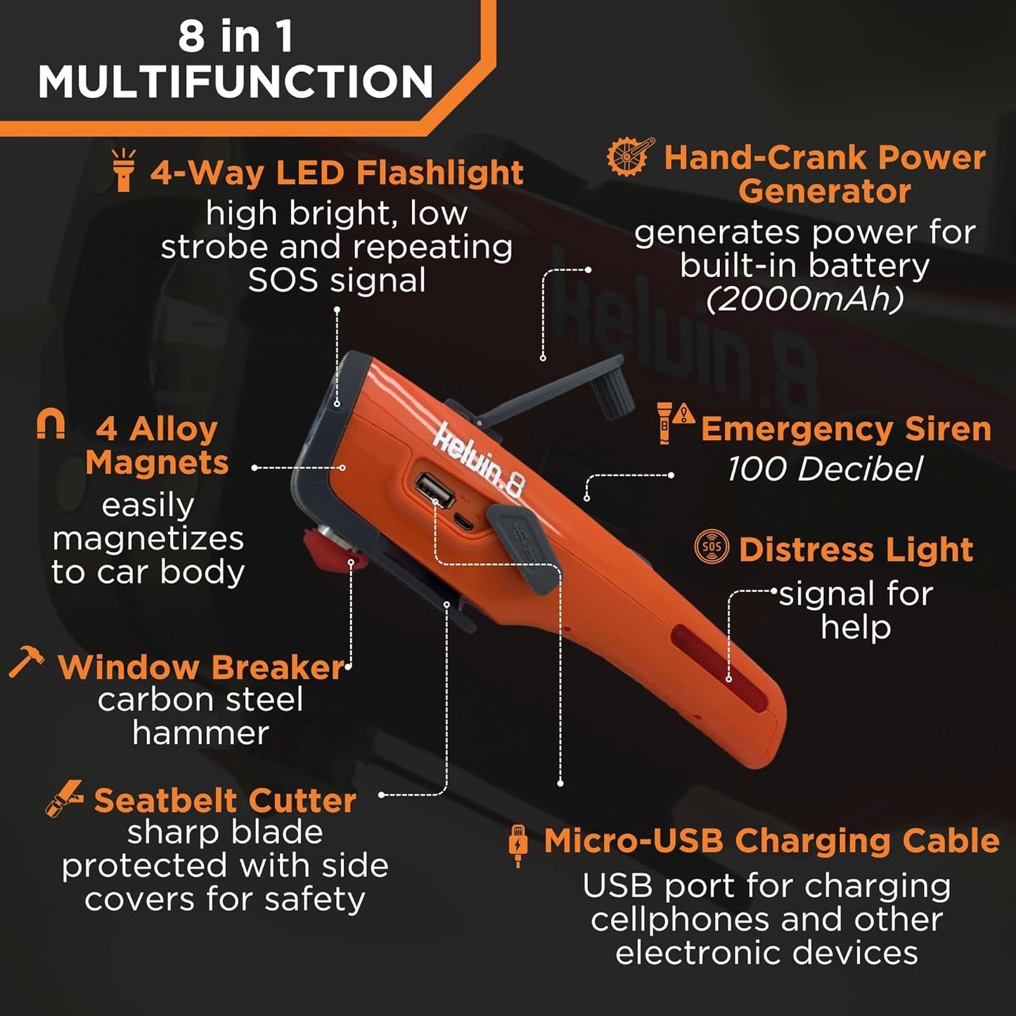 KELVIN 8 Automotive Emergency Tool 8: Power Generator with USB Powerbank, Razor Sharp Seat Belt Cutter, Car Flashlight Emergency Kit, Safety Window Hammer, & 100 db Emergency Siren - Camo