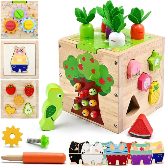 Montessori Wooden Educational Toys, Wooden Activity Cube Center Toys, Baby Toy 6 to 12 Months, Preschool Learning Activities, Fine Motor Skills Sensory Toys for 2 3 4 Year Old Boys Girls