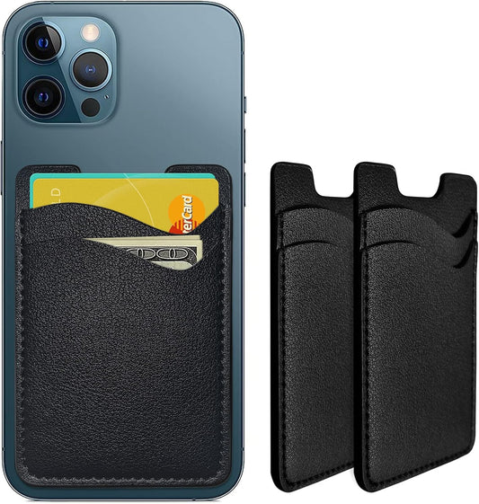 Phone Card Holder, Leather Phone Wallet Stick On, Stretchy Card Holder for Back of Phone Credit Card Holder for Phone Case Compatible with Most of Cell Phone, Black, Compact