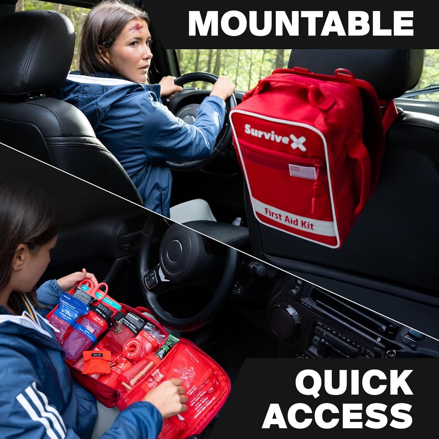 SurviveX Large First Aid Kit for Car, Travel & Home - Emergency Kit for Hiking, Camping, Backpacking and Outdoor Adventures - Includes Zip Stitch Wound Closure Strips