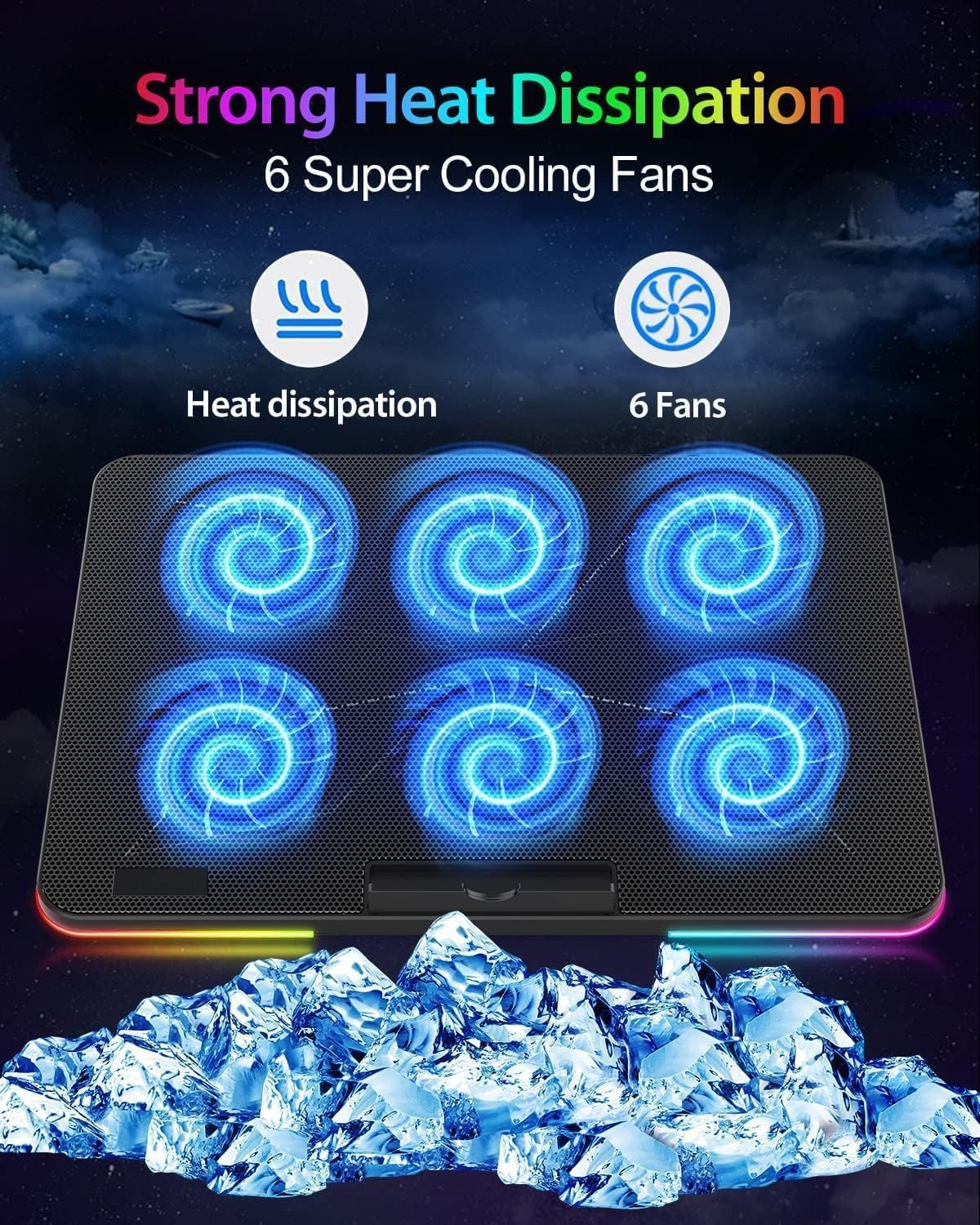 Necomi Laptop Cooling Pad, Laptop Cooler with 6 Quiet Fans for 13-17 Inch Gaming Fan Stable Stand, 7 Height Adjust, RGB Light 10 Modes, Switch Control Fan Speed, 2 USB Port & Phone Holder