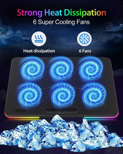 Necomi Laptop Cooling Pad, Laptop Cooler with 6 Quiet Fans for 13-17 Inch Gaming Fan Stable Stand, 7 Height Adjust, RGB Light 10 Modes, Switch Control Fan Speed, 2 USB Port & Phone Holder