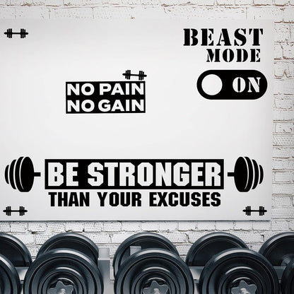 Zonon 3 Pieces Gym Wall Decal, Be Stronger Than Your Excuses, No Pain No Gain Beast Mode Inspirational Quotes Vinyl Wall Art Fitness Exercise Wall Sticker for Gym Office Home Decor
