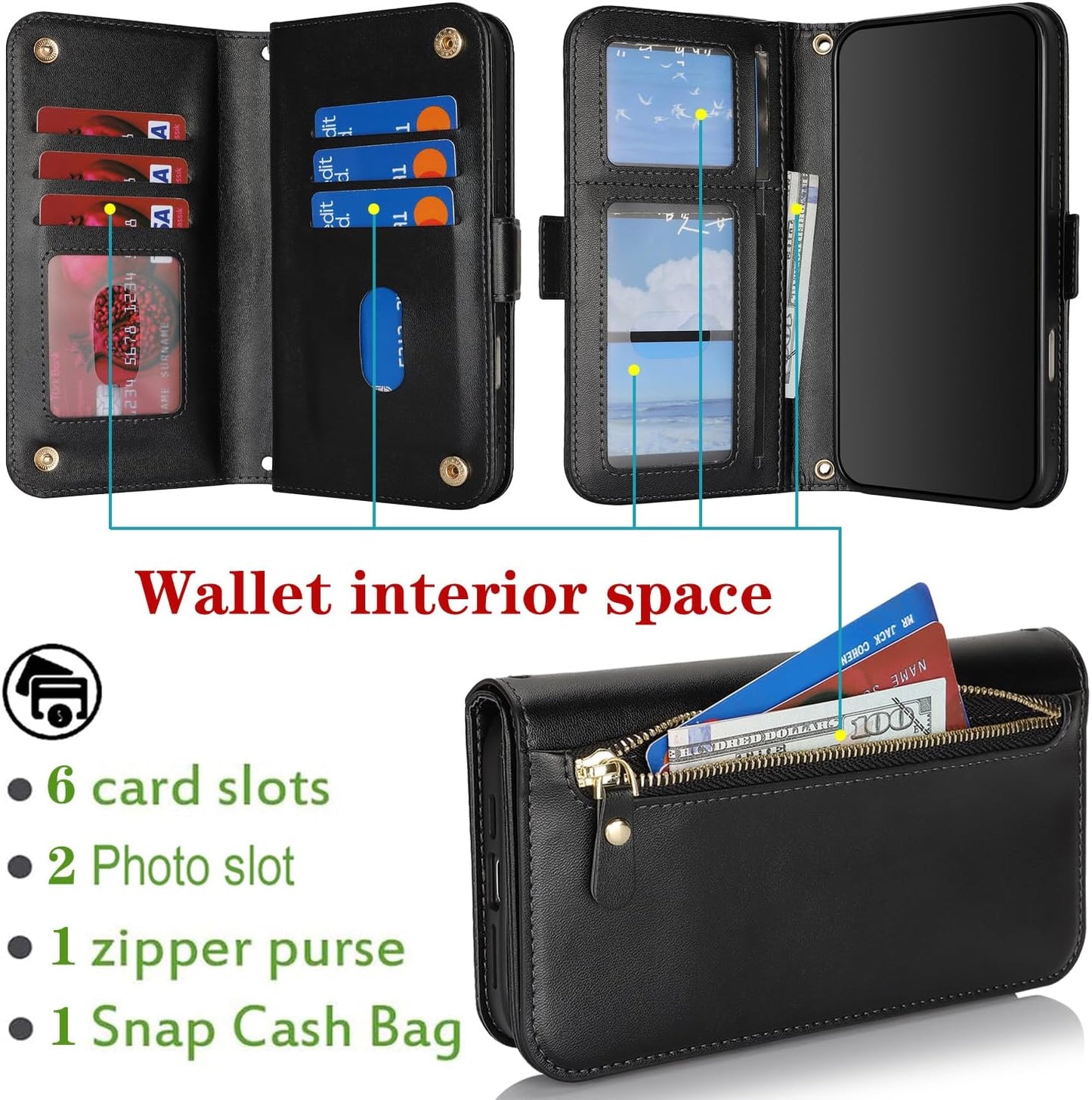 Cavor Crossbody Wallet for iPhone 16 Pro Max 6.9'' Case Leather Flip Cover Zipper Coin Purse Card Slots Photo Holder Kickstand Shoulder Strap Magnetic Shockproof Phone Cases-Long Lanyard Black