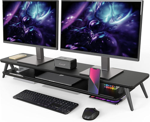 Fenge Dual Monitor Stand, Monitor Stands Riser for 2 monitors, 42.5 Inch Wood Desk Shelf with Storage Organizer and Cable Management for Office Desk Accessories (Black, 42.5Inch)