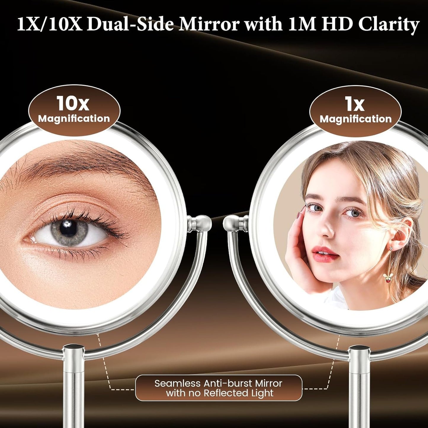 Professional 8.5" Large Lighted Makeup Mirror with Brighter Lights, 1X/10X True HD Magnifying Mirror with 3 Color Dimmable Lights, 80 Shadowless LEDs, 360°Swivel Seamless Vanity Mirror, Pearl Nickel
