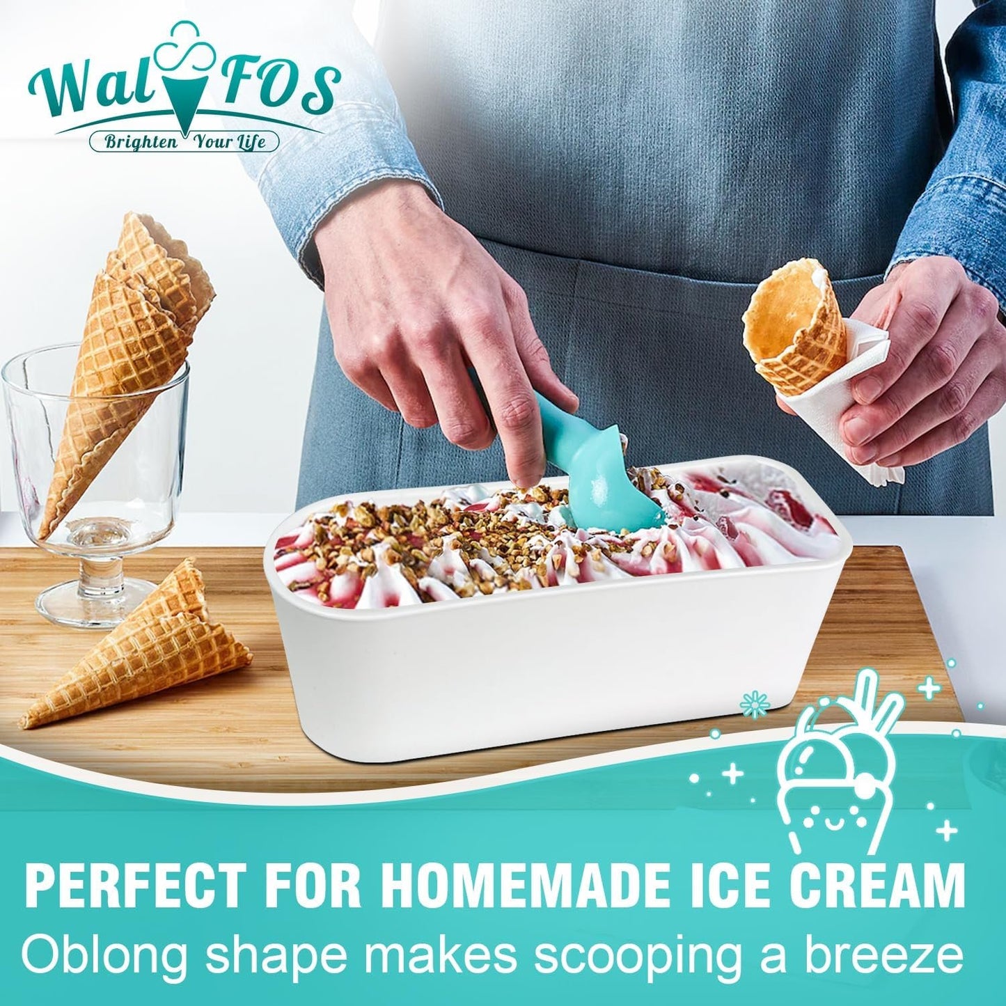 Walfos Ice Cream Containers - 1.6 Quart, Reusable Homemade Ice Cream Tubs with Lids, Stackable Freezer Storage Container for Yogurt, Sorbet, Gelato, Bonus 2 Bands, 12 Stickers, Teal