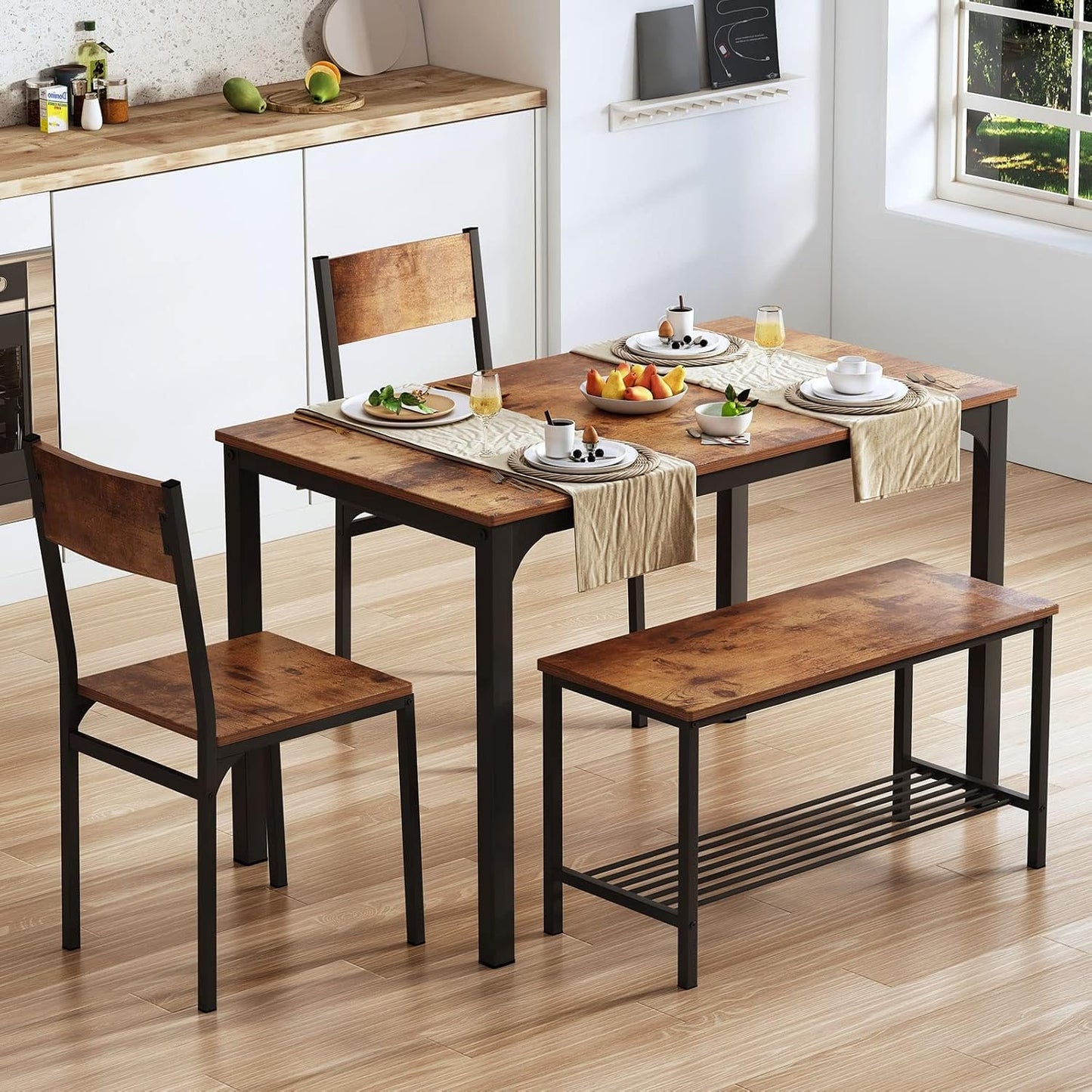 SDHYL Dining Table Set, Two Chairs and One Bench 4 Pieces Set Wooden Table Top with Metal Legs for Breakfast in Living Room, Kitchen Room, Dining Room,Space Saving Kitchen Table Set, Rustic Brown