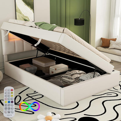 Azkoeesy LED Light Up Upholstered Bed with Storage Box Luxury Single Bed Slatted Base Velvet Upholstered Bed (Beige, 90 x 200cm)