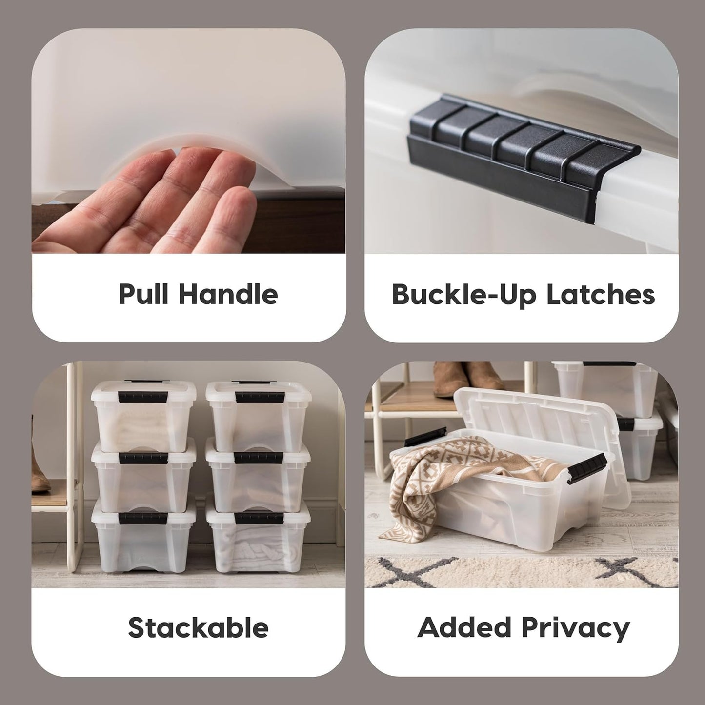 IRIS USA 12 L Plastic Storage Box with Lid and Latches - 6 Pack - BPA-Free, Discreet Organizing Solution, Durable Nestable Stackable Containers, Secure Pull Handle - Pearl