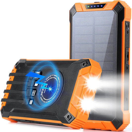 Power Bank, Solar Charger, 48800mAh Wireless Charger Built in 4 Cables Six Outputs 15W Fast Charging Battery Pack for All Mobile Devices Three Inputs Portable Charger with 2 LED Flashlights