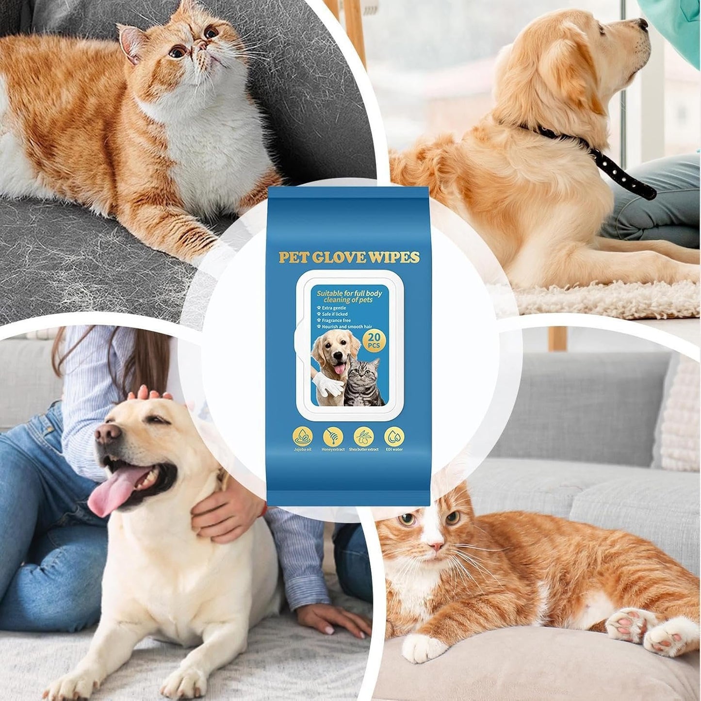 Pet Glove Wipes for Dogs,20X Cat Cleaning Gloves - Comfortable Waterless Washer Brush for Daily Care, Washing Grooming Bathing, Paw Hygiene
