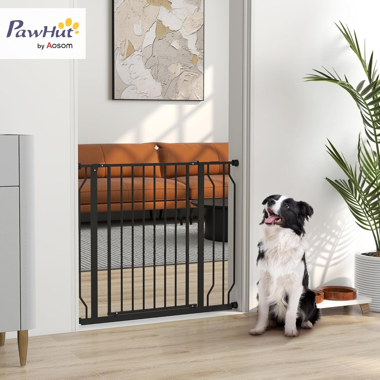PawHut Safety Gate for Dogs Extendable 75-95 cm and Adjustable for Stairs and Doors, 76 cm High Steel and ABS Black