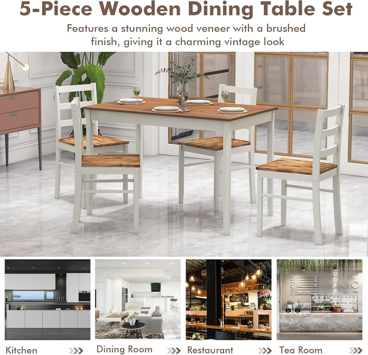 COSTWAY Dining Table Set for 4, Wood Kitchen Table Chairs Set with Rubber Wood Legs, Space-Saving Design, Modern 5-Piece Dinette Set for Small Place, Kitchen, Dining Room, Restaurant (Brown)