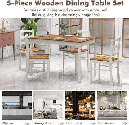 COSTWAY Dining Table Set for 4, Wood Kitchen Table Chairs Set with Rubber Wood Legs, Space-Saving Design, Modern 5-Piece Dinette Set for Small Place, Kitchen, Dining Room, Restaurant (Brown)